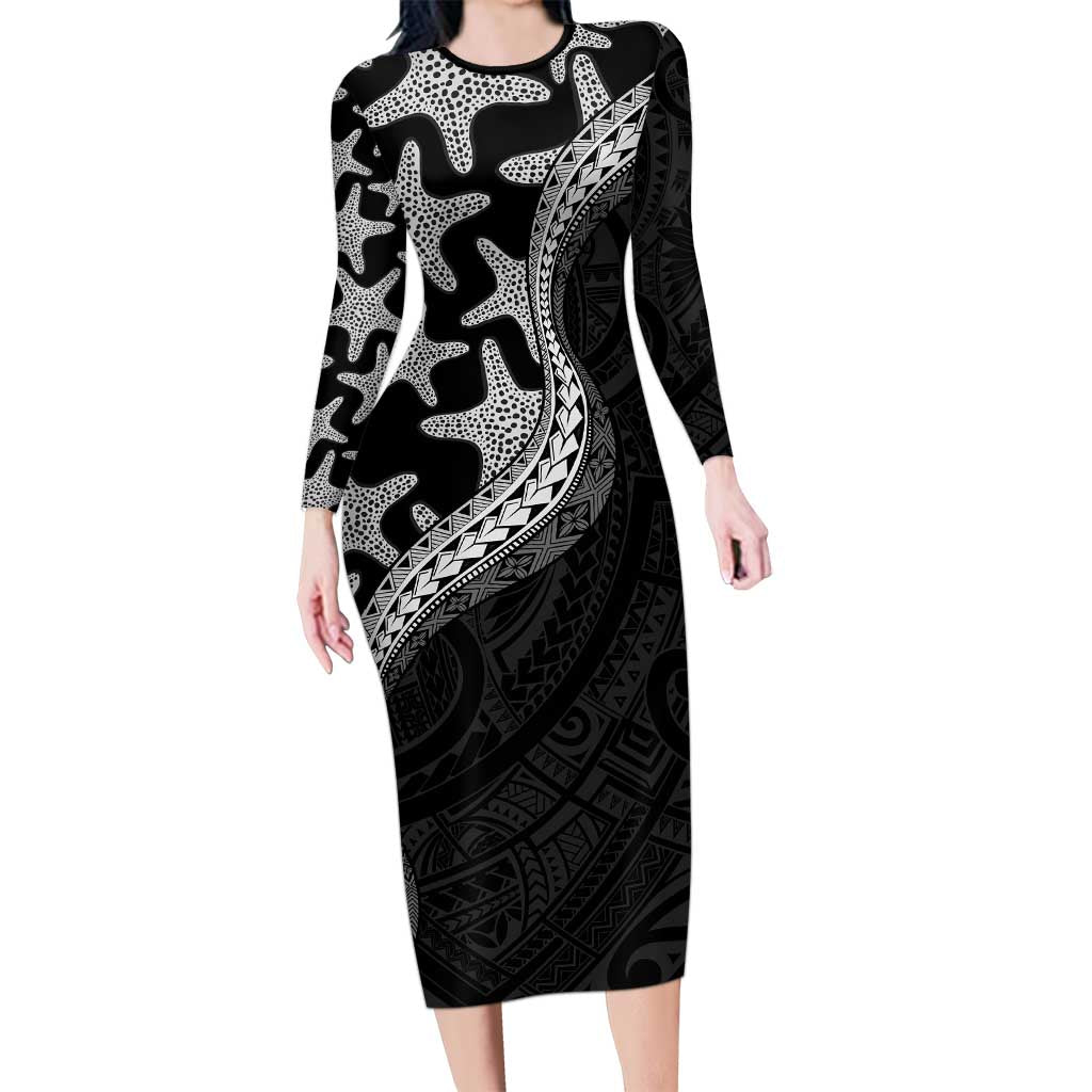 Monotone Polynesian Starfish Unique Pattern Family Matching Long Sleeve Bodycon Dress and Hawaiian Shirt LT01 Mom's Dress Black - Polynesian Pride