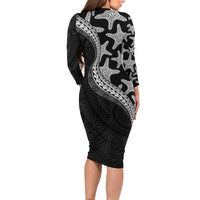 Monotone Polynesian Starfish Unique Pattern Family Matching Long Sleeve Bodycon Dress and Hawaiian Shirt LT01 - Polynesian Pride