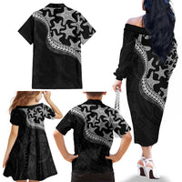 Monotone Polynesian Starfish Unique Pattern Family Matching Off The Shoulder Long Sleeve Dress and Hawaiian Shirt LT01 - Polynesian Pride