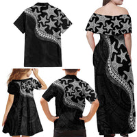Monotone Polynesian Starfish Unique Pattern Family Matching Off Shoulder Maxi Dress and Hawaiian Shirt