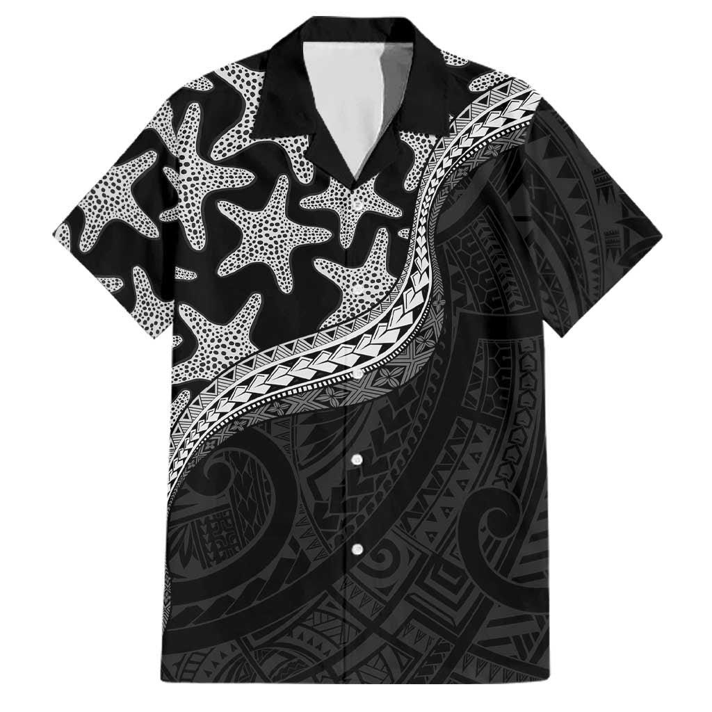 Monotone Polynesian Starfish Unique Pattern Family Matching Off Shoulder Maxi Dress and Hawaiian Shirt