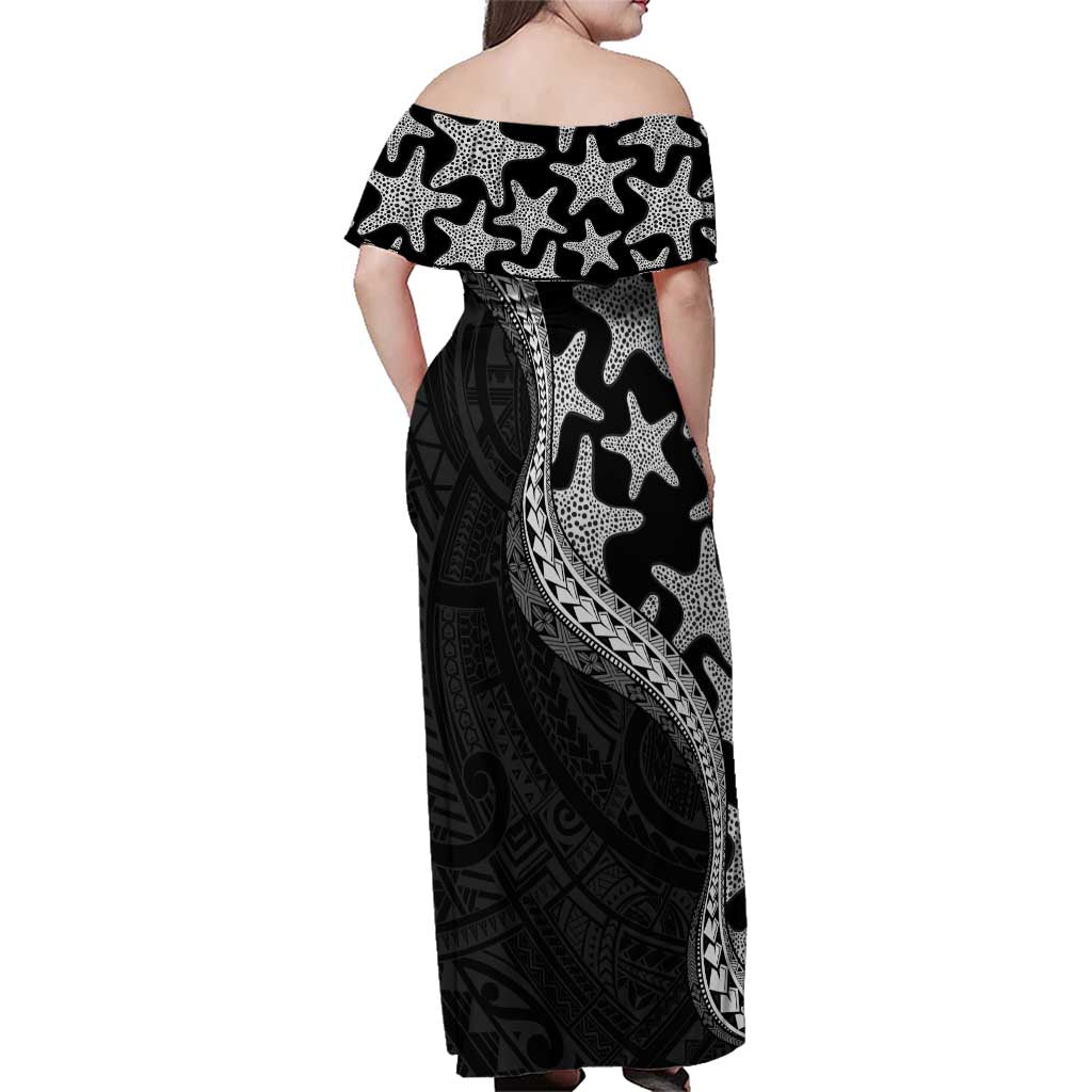 Monotone Polynesian Starfish Unique Pattern Family Matching Off Shoulder Maxi Dress and Hawaiian Shirt