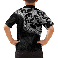 Monotone Polynesian Starfish Unique Pattern Family Matching Off Shoulder Short Dress and Hawaiian Shirt