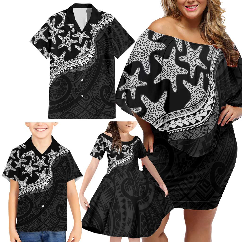 Monotone Polynesian Starfish Unique Pattern Family Matching Off Shoulder Short Dress and Hawaiian Shirt