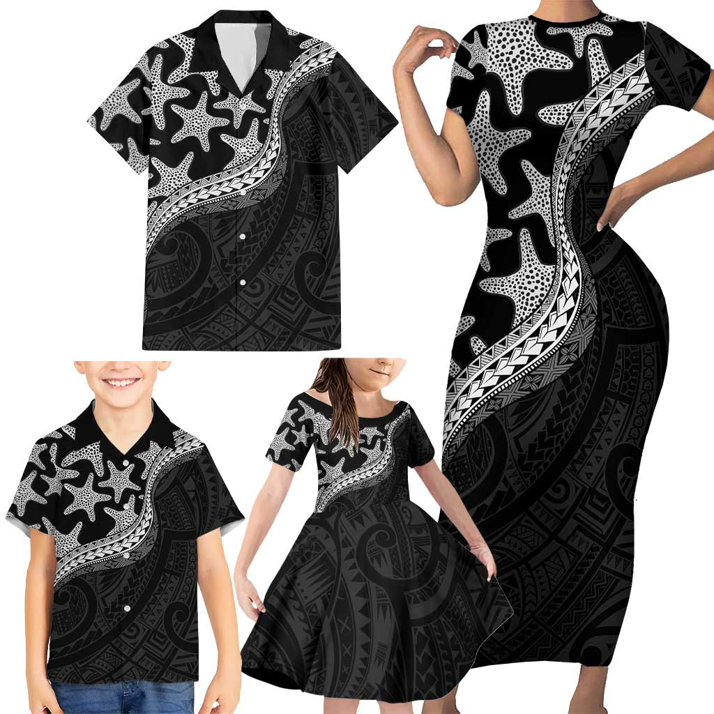 Monotone Polynesian Starfish Unique Pattern Family Matching Short Sleeve Bodycon Dress and Hawaiian Shirt LT01 - Polynesian Pride