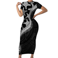 Monotone Polynesian Starfish Unique Pattern Family Matching Short Sleeve Bodycon Dress and Hawaiian Shirt LT01 Mom's Dress Black - Polynesian Pride