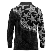 Monotone Polynesian Starfish Unique Pattern Long Sleeve Polo Shirt
