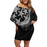 Monotone Polynesian Starfish Unique Pattern Off Shoulder Short Dress LT01 Women Black - Polynesian Pride