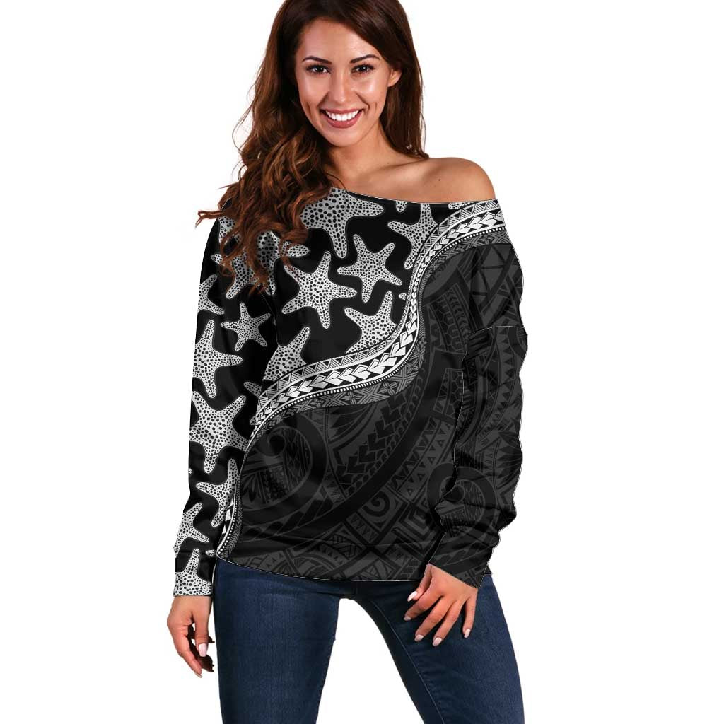 Monotone Polynesian Starfish Unique Pattern Off Shoulder Sweater LT01 Women Black - Polynesian Pride