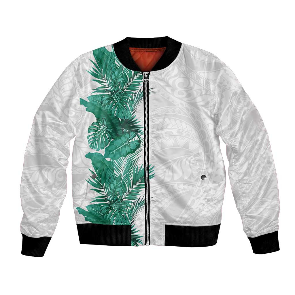 Hawaii Tropical Leaves Bomber Jacket Polynesian Pattern LT01 Unisex White - Polynesian Pride