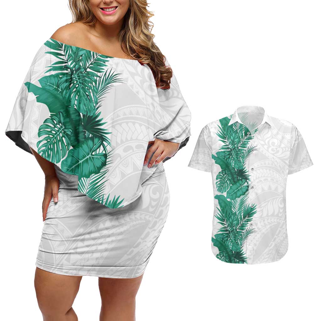 Hawaii Tropical Leaves Couples Matching Off Shoulder Short Dress and Hawaiian Shirt Polynesian Pattern