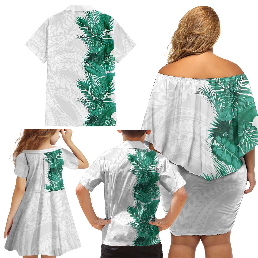 Hawaii Tropical Leaves Family Matching Off Shoulder Short Dress and Hawaiian Shirt Polynesian Pattern