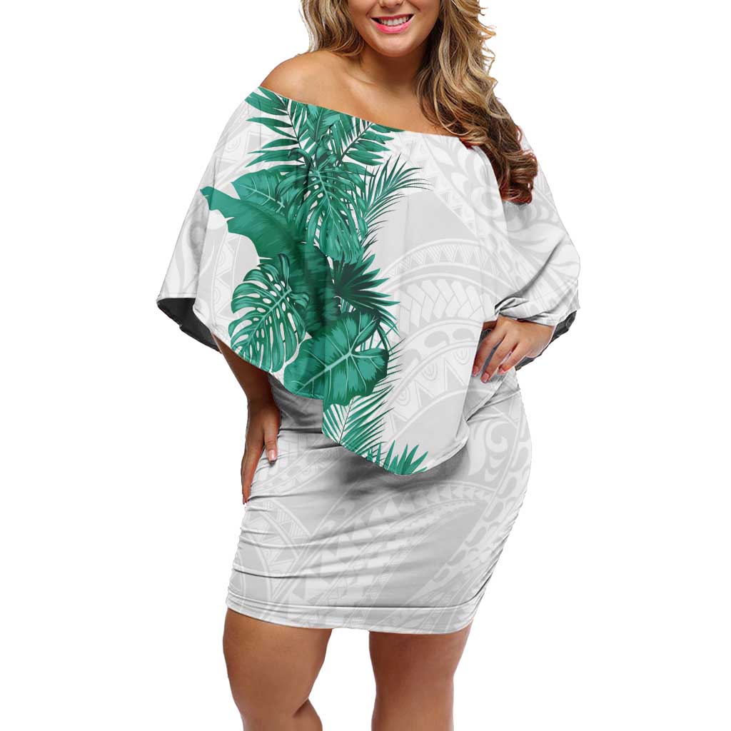 Hawaii Tropical Leaves Off Shoulder Short Dress Polynesian Pattern LT01 Women White - Polynesian Pride