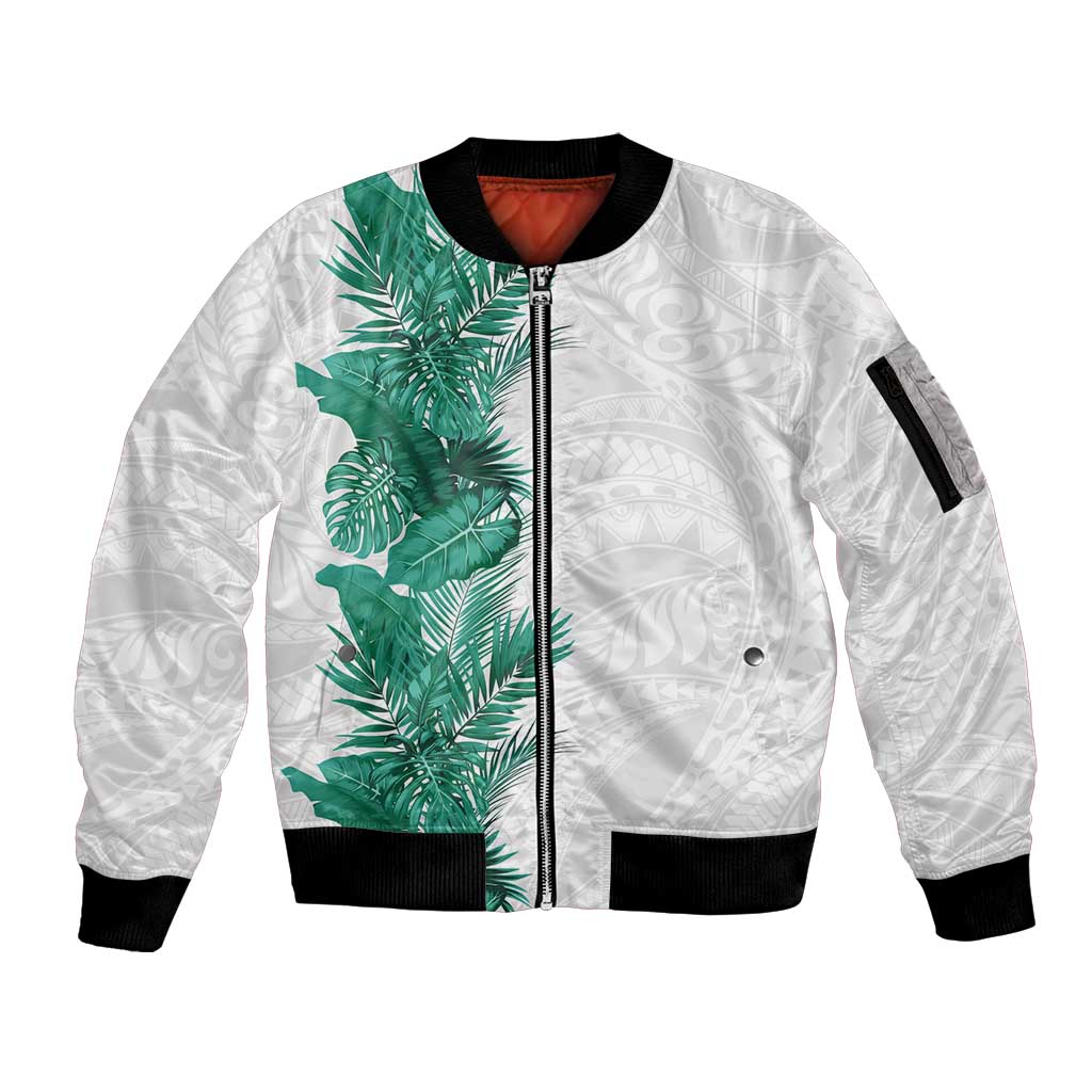 Hawaii Tropical Leaves Sleeve Zip Bomber Jacket Polynesian Pattern LT01 Unisex White - Polynesian Pride