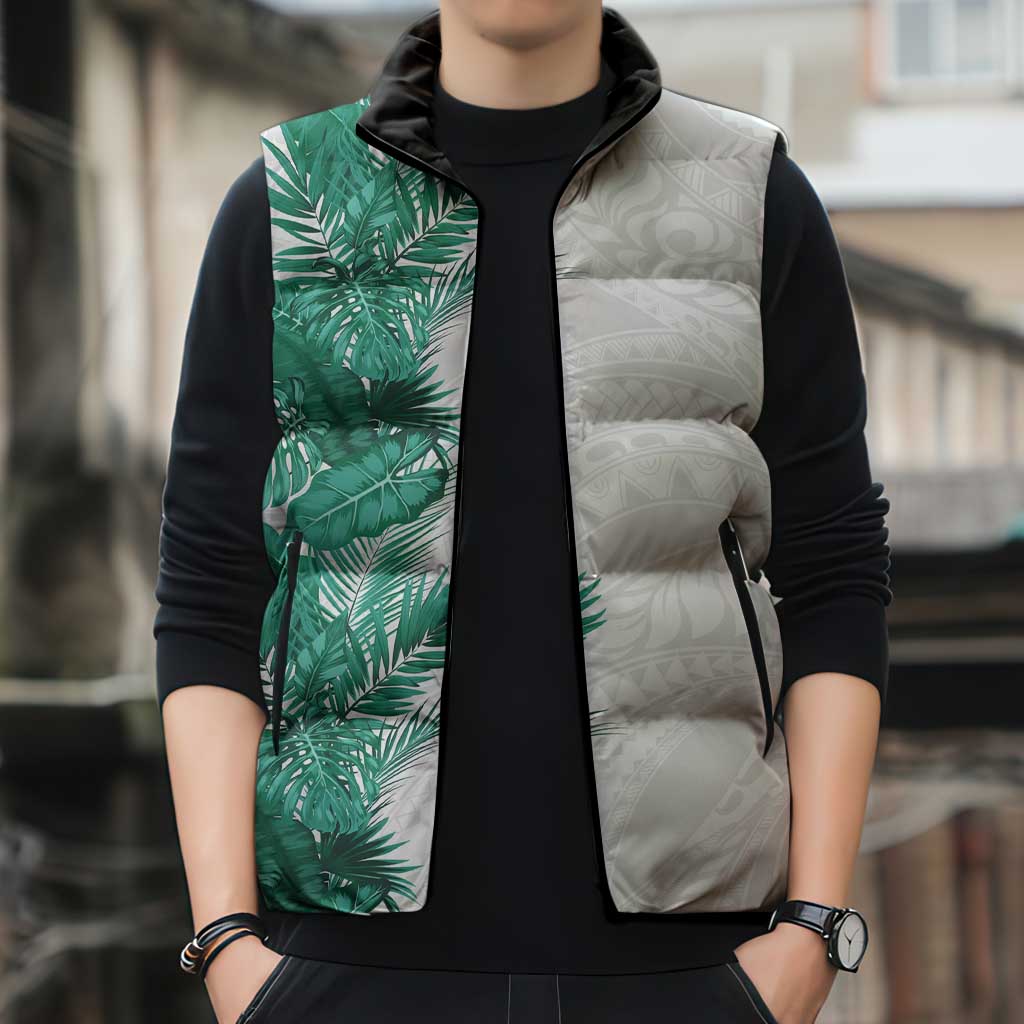 Hawaii Tropical Leaves Sleeveless Puffer Jacket Polynesian Pattern