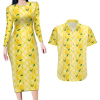 Hawaii Lemon Palaka Couples Matching Long Sleeve Bodycon Dress and Hawaiian Shirt Striped Stylized LT01 Yellow - Polynesian Pride
