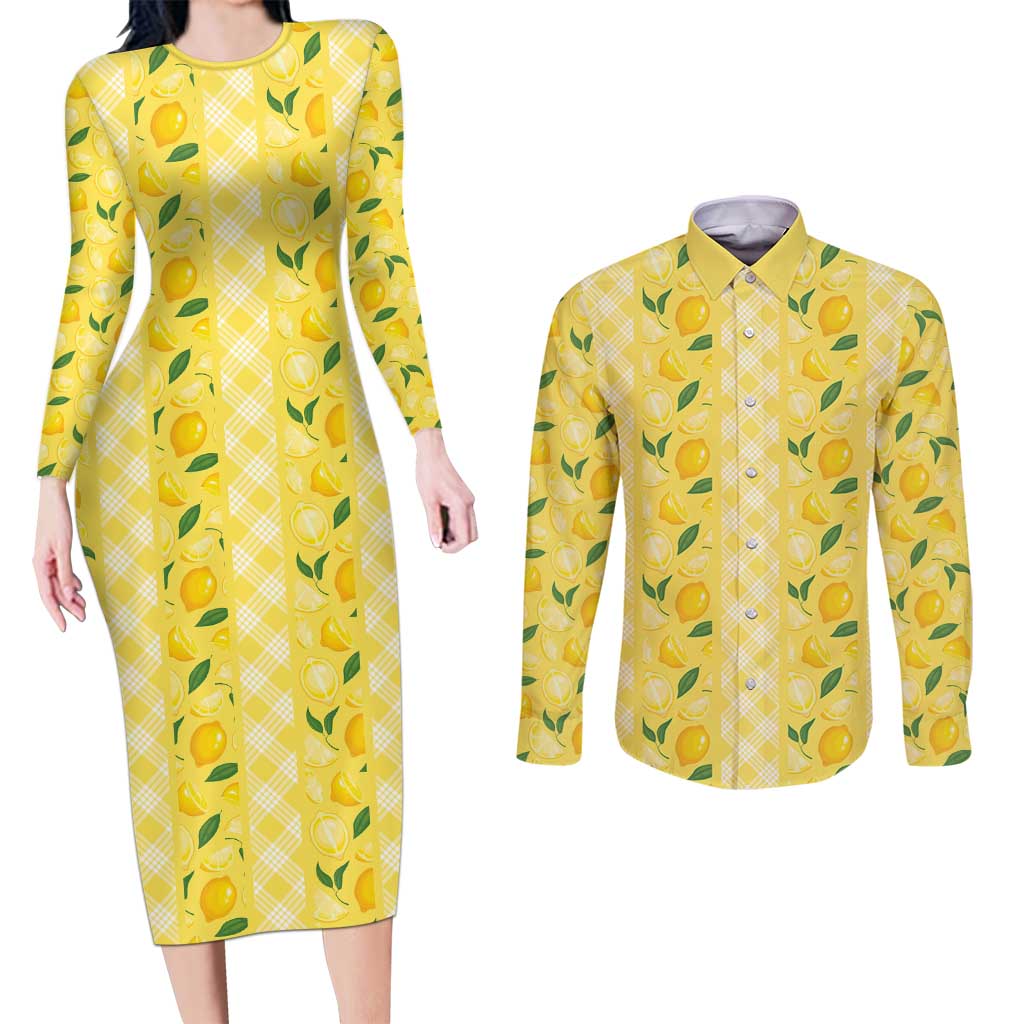 Hawaii Lemon Palaka Couples Matching Long Sleeve Bodycon Dress and Long Sleeve Button Shirt Striped Stylized
