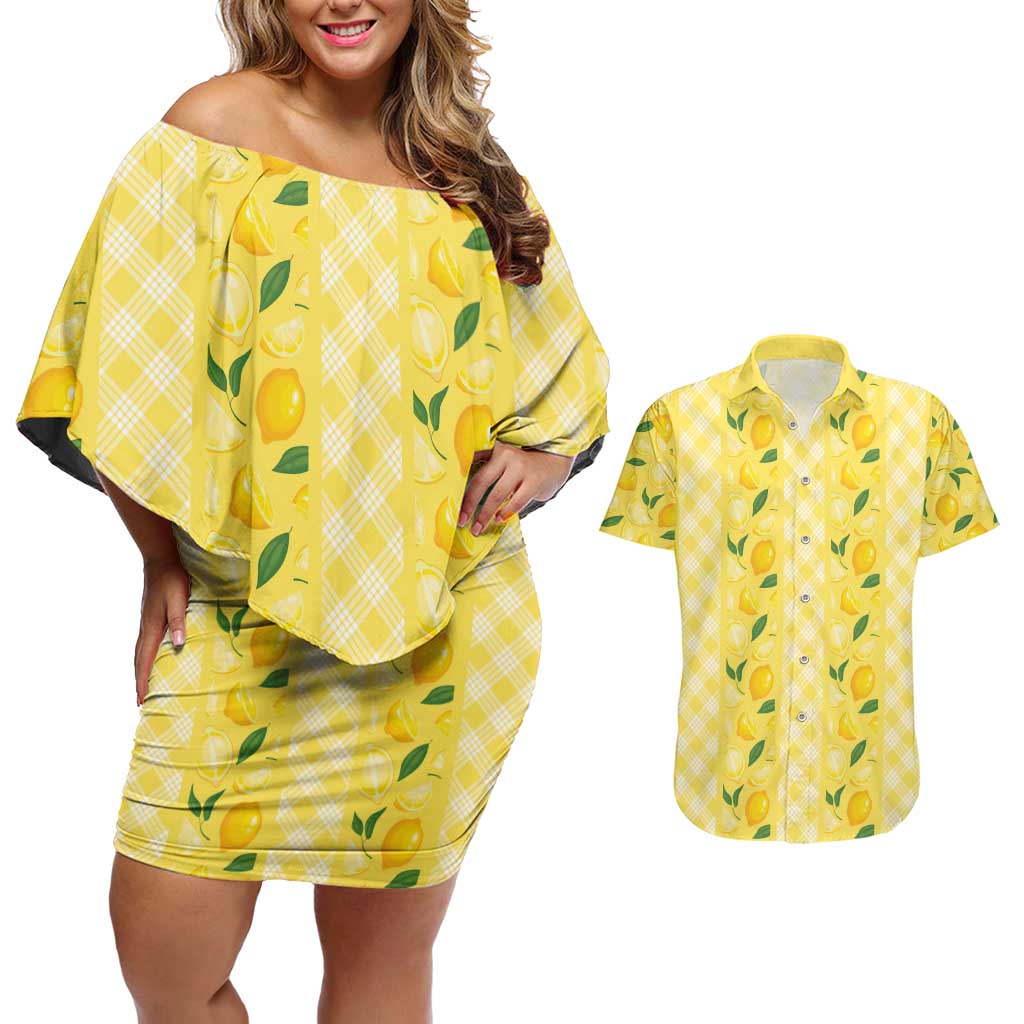 Hawaii Lemon Palaka Couples Matching Off Shoulder Short Dress and Hawaiian Shirt Striped Stylized