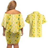Hawaii Lemon Palaka Couples Matching Off Shoulder Short Dress and Hawaiian Shirt Striped Stylized