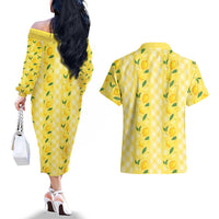 Hawaii Lemon Palaka Couples Matching Off The Shoulder Long Sleeve Dress and Hawaiian Shirt Striped Stylized LT01 - Polynesian Pride