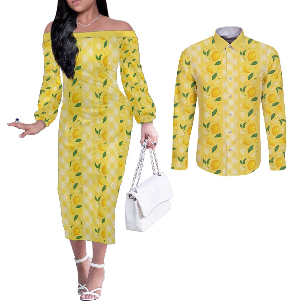 Hawaii Lemon Palaka Couples Matching Off The Shoulder Long Sleeve Dress and Long Sleeve Button Shirt Striped Stylized LT01 Yellow - Polynesian Pride