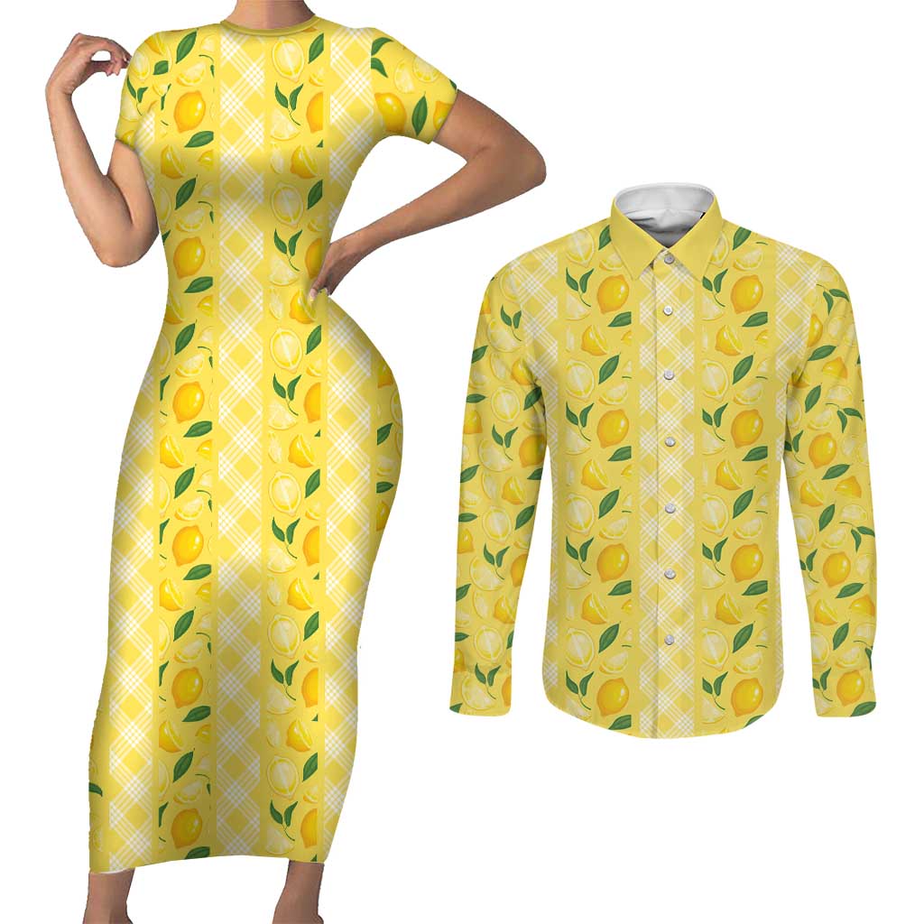 Hawaii Lemon Palaka Couples Matching Short Sleeve Bodycon Dress and Long Sleeve Button Shirt Striped Stylized