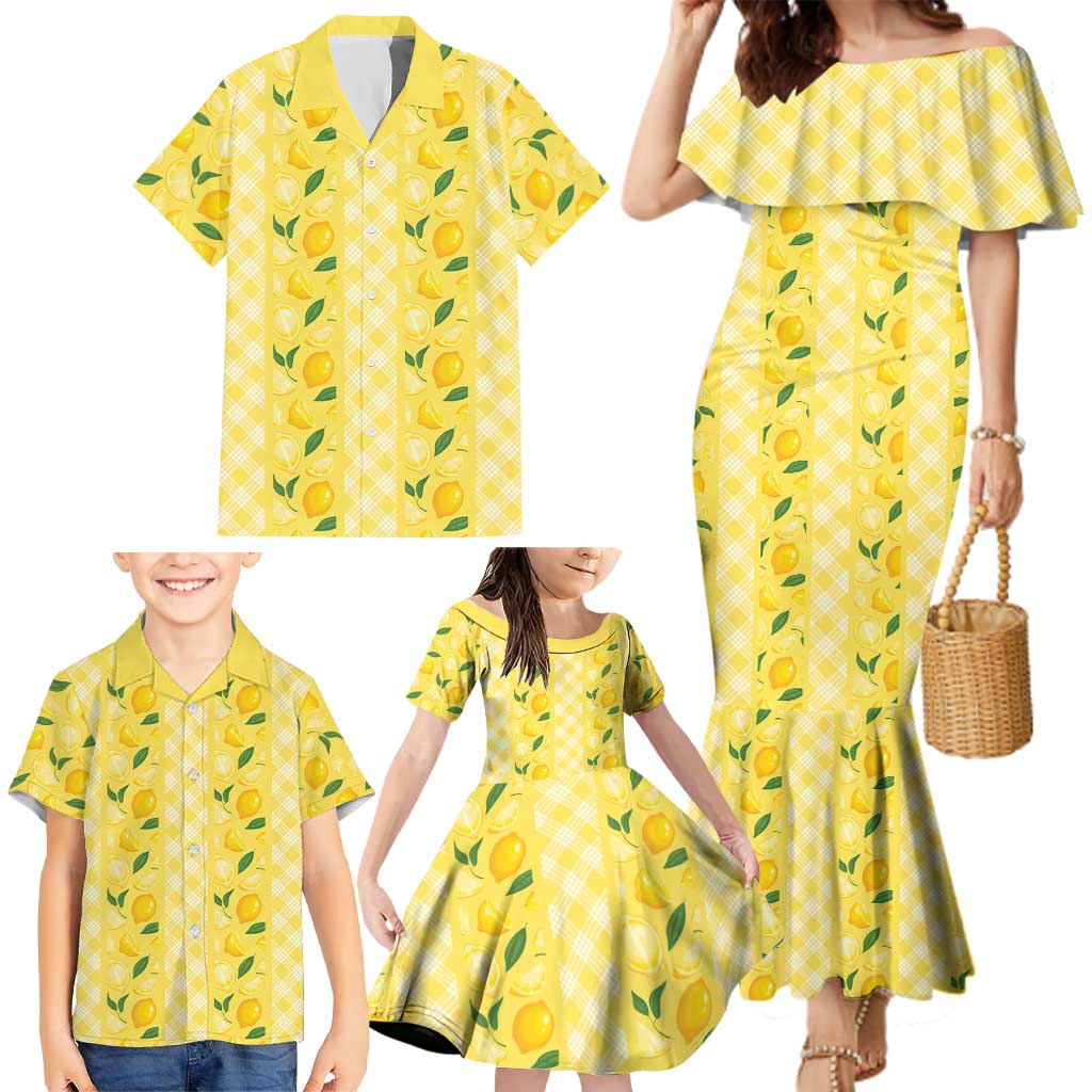 Hawaii Lemon Palaka Family Matching Mermaid Dress and Hawaiian Shirt Striped Stylized