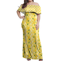 Hawaii Lemon Palaka Off Shoulder Maxi Dress Striped Stylized