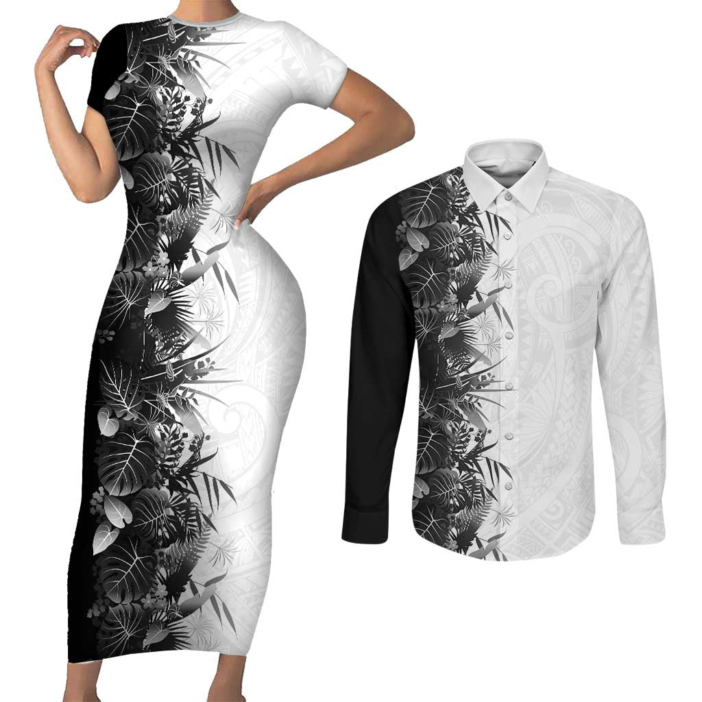 Hawaii Tropical Plant Monochrome Couples Matching Short Sleeve Bodycon Dress and Long Sleeve Button Shirt Vibrant Polynesian Pattern