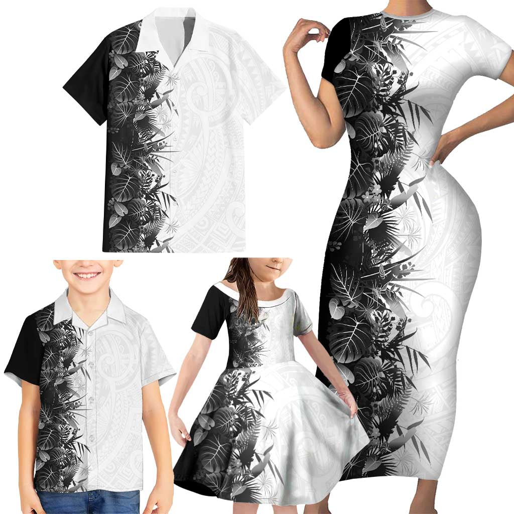 Hawaii Tropical Plant Monochrome Family Matching Short Sleeve Bodycon Dress and Hawaiian Shirt Vibrant Polynesian Pattern