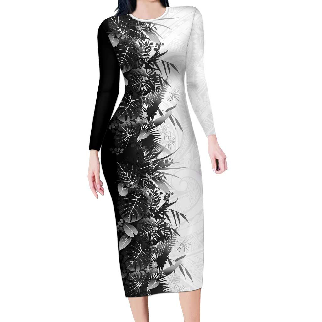 Hawaii Tropical Plant Monochrome Long Sleeve Bodycon Dress Vibrant Polynesian Pattern