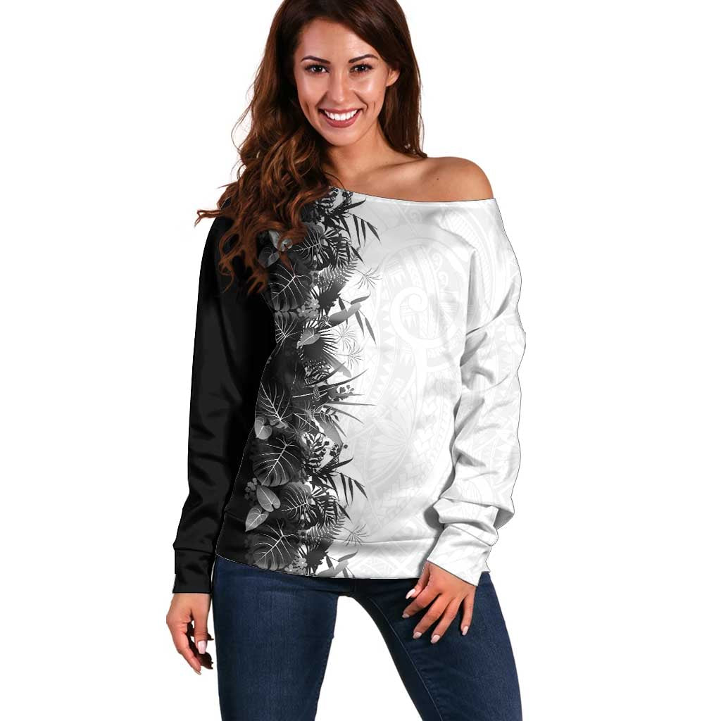 Hawaii Tropical Plant Monochrome Off Shoulder Sweater Vibrant Polynesian Pattern LT01 Women Black - Polynesian Pride