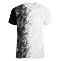 Hawaii Tropical Plant Monochrome Women V-Neck T-Shirt Vibrant Polynesian Pattern LT01 Female Black - Polynesian Pride