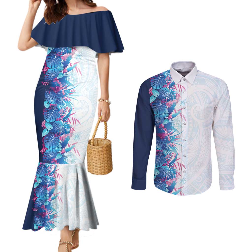 Hawaii Tropical Plant UliUli Couples Matching Mermaid Dress and Long Sleeve Button Shirt Vibrant Polynesian Pattern