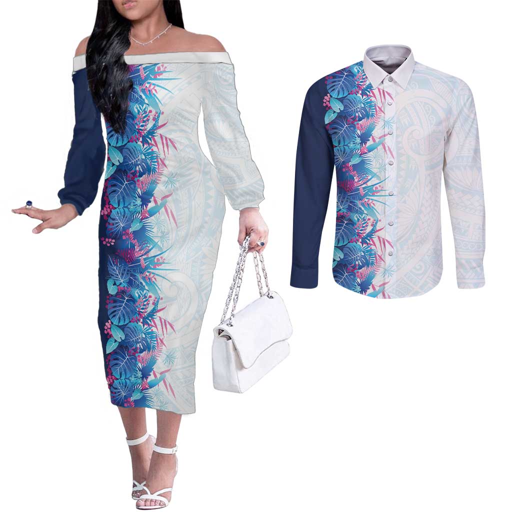 Hawaii Tropical Plant UliUli Couples Matching Off The Shoulder Long Sleeve Dress and Long Sleeve Button Shirt Vibrant Polynesian Pattern