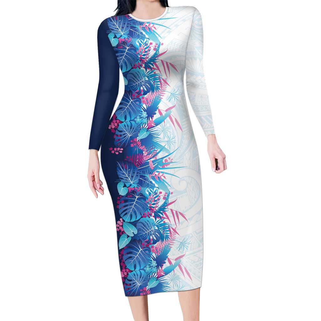 Hawaii Tropical Plant UliUli Family Matching Long Sleeve Bodycon Dress and Hawaiian Shirt Vibrant Polynesian Pattern