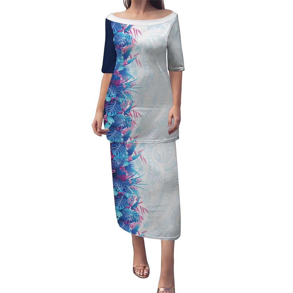 Hawaii Tropical Plant UliUli Puletasi Vibrant Polynesian Pattern LT01 Long Dress Blue - Polynesian Pride