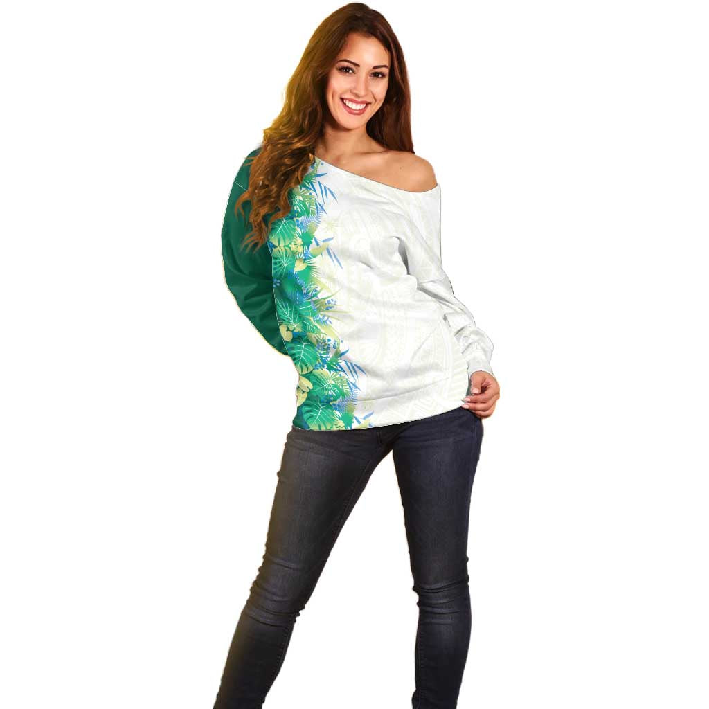 Hawaii Tropical Plant Omaomao Off Shoulder Sweater Vibrant Polynesian Pattern
