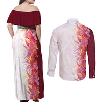Hawaii Tropical Plant Akala Couples Matching Off Shoulder Maxi Dress and Long Sleeve Button Shirt Vibrant Polynesian Pattern