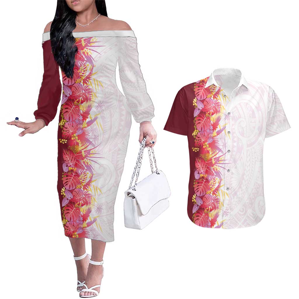 Hawaii Tropical Plant Akala Couples Matching Off The Shoulder Long Sleeve Dress and Hawaiian Shirt Vibrant Polynesian Pattern