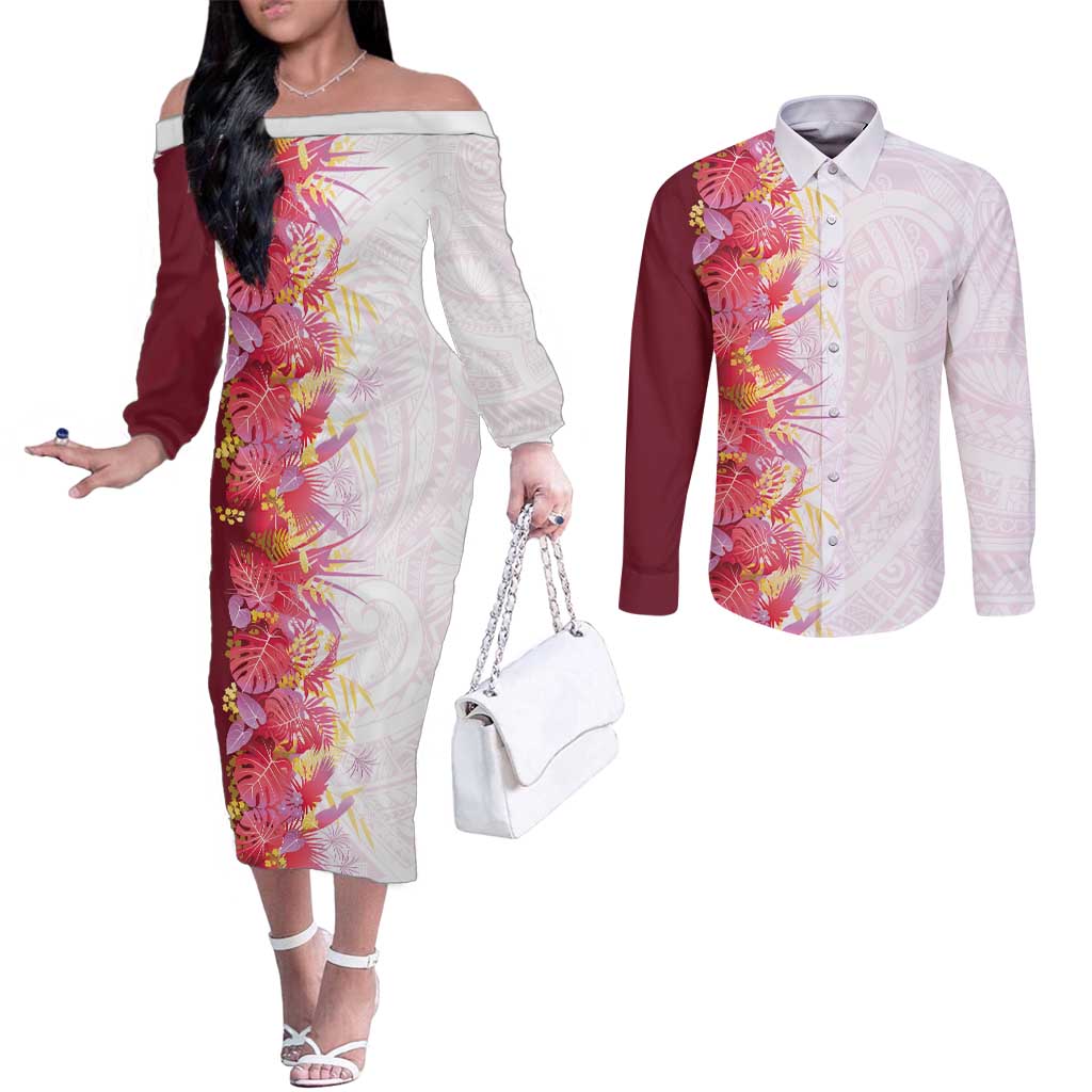 Hawaii Tropical Plant Akala Couples Matching Off The Shoulder Long Sleeve Dress and Long Sleeve Button Shirt Vibrant Polynesian Pattern
