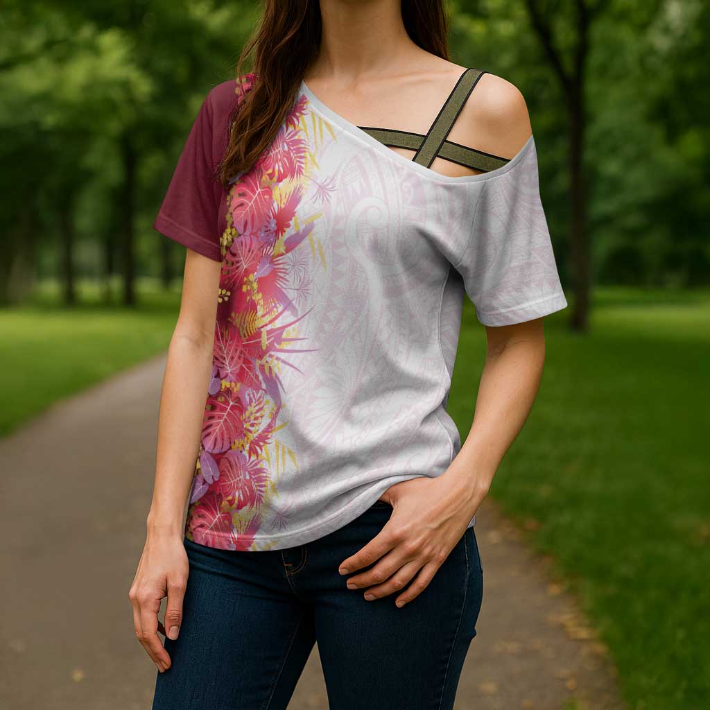Hawaii Tropical Plant Akala Cross Shoulder Shirt Vibrant Polynesian Pattern