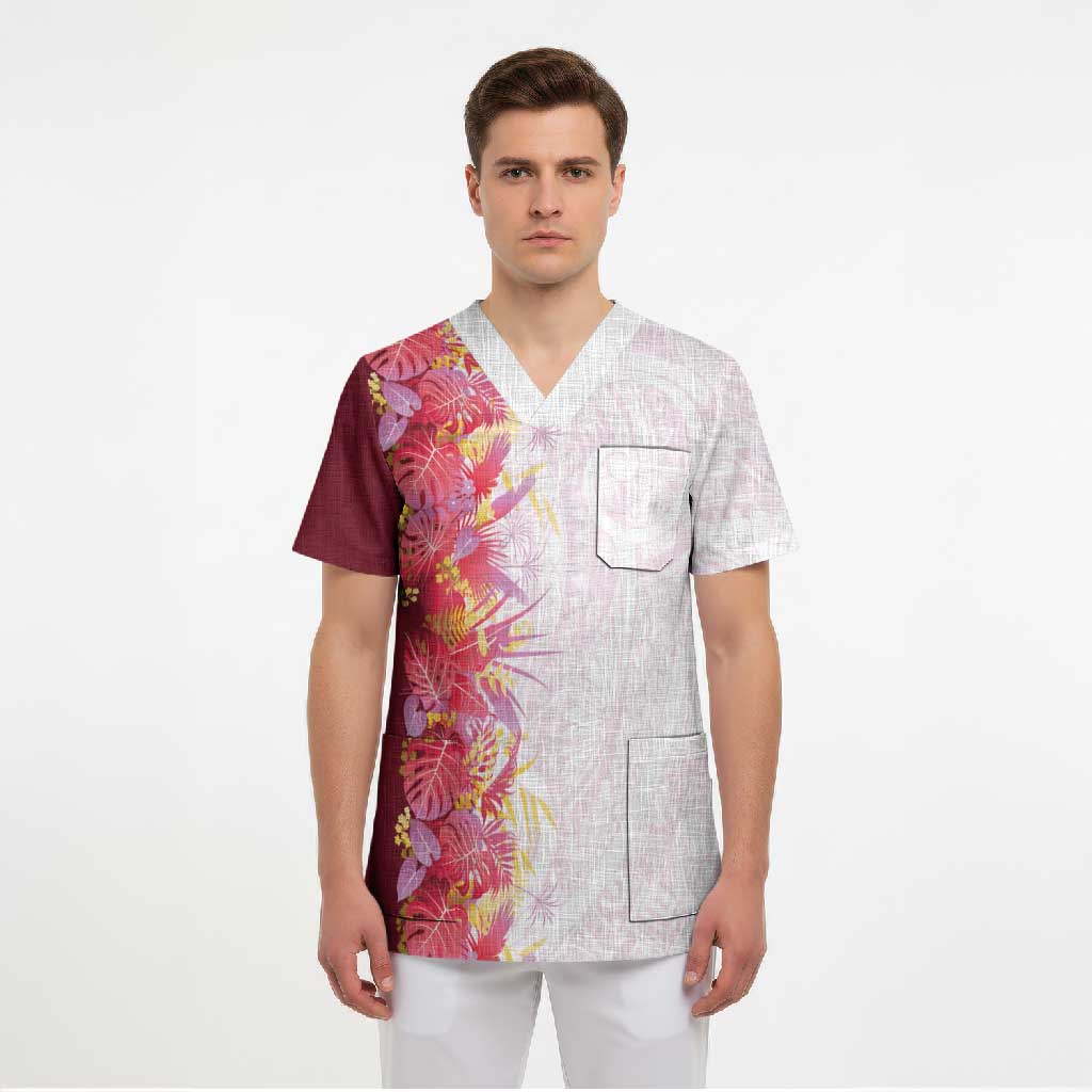 Hawaii Tropical Plant Akala Scrub Top Vibrant Polynesian Pattern