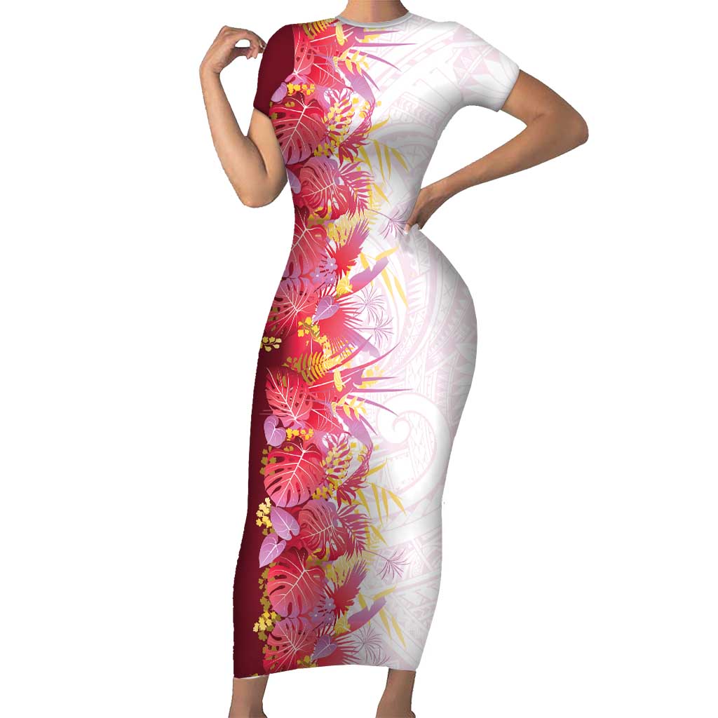 Hawaii Tropical Plant Akala Short Sleeve Bodycon Dress Vibrant Polynesian Pattern LT01 Long Dress Pink - Polynesian Pride