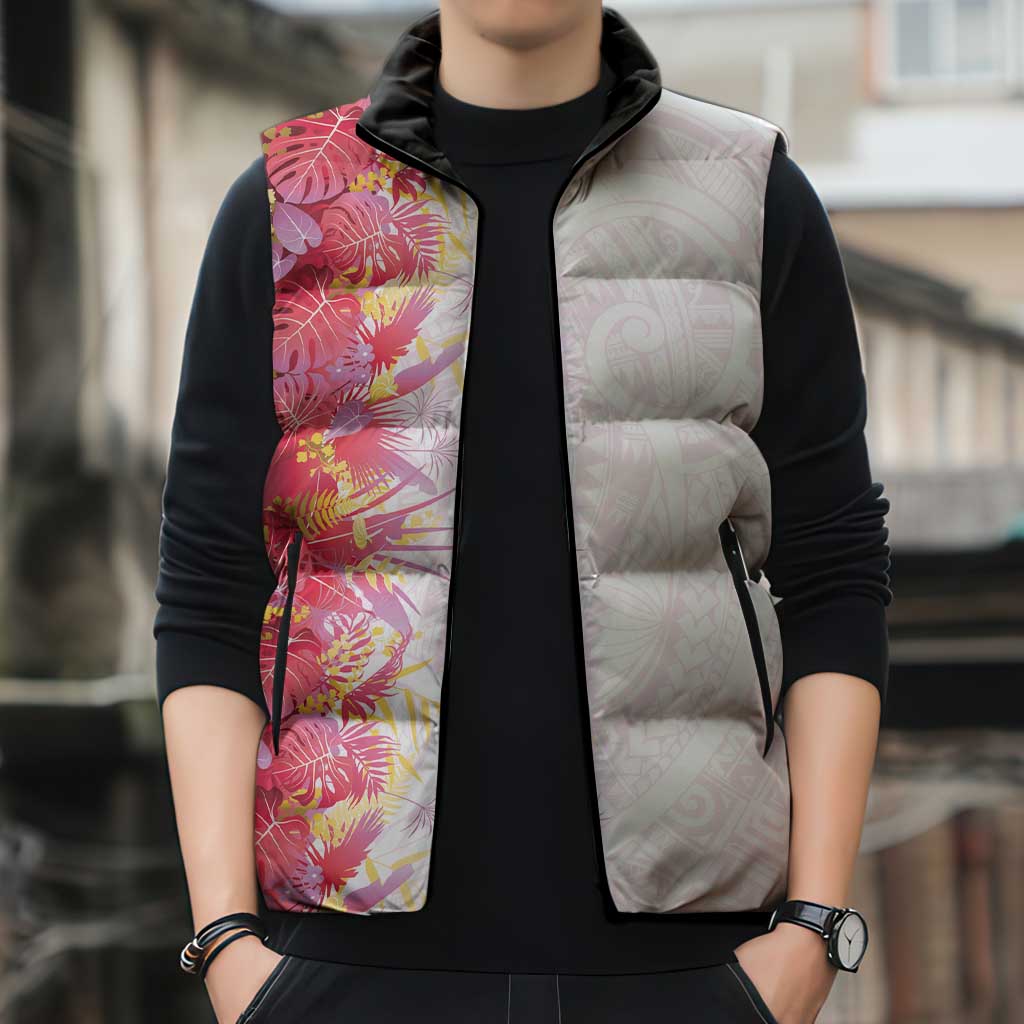 Hawaii Tropical Plant Akala Sleeveless Puffer Jacket Vibrant Polynesian Pattern