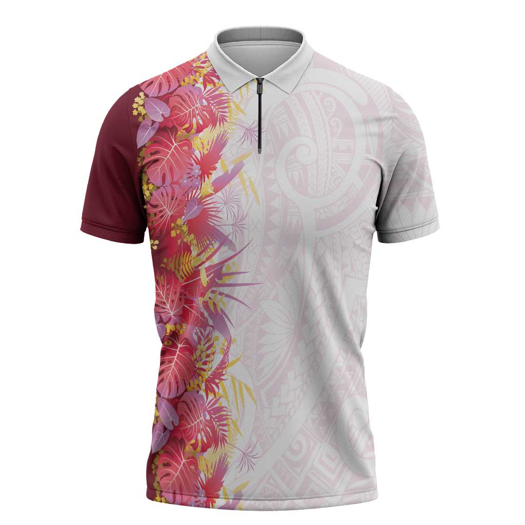 Hawaii Tropical Plant Akala Zipper Polo Shirt Vibrant Polynesian Pattern LT01 Pink - Polynesian Pride