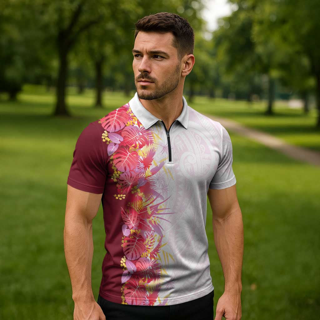 Hawaii Tropical Plant Akala Zipper Polo Shirt Vibrant Polynesian Pattern LT01 - Polynesian Pride