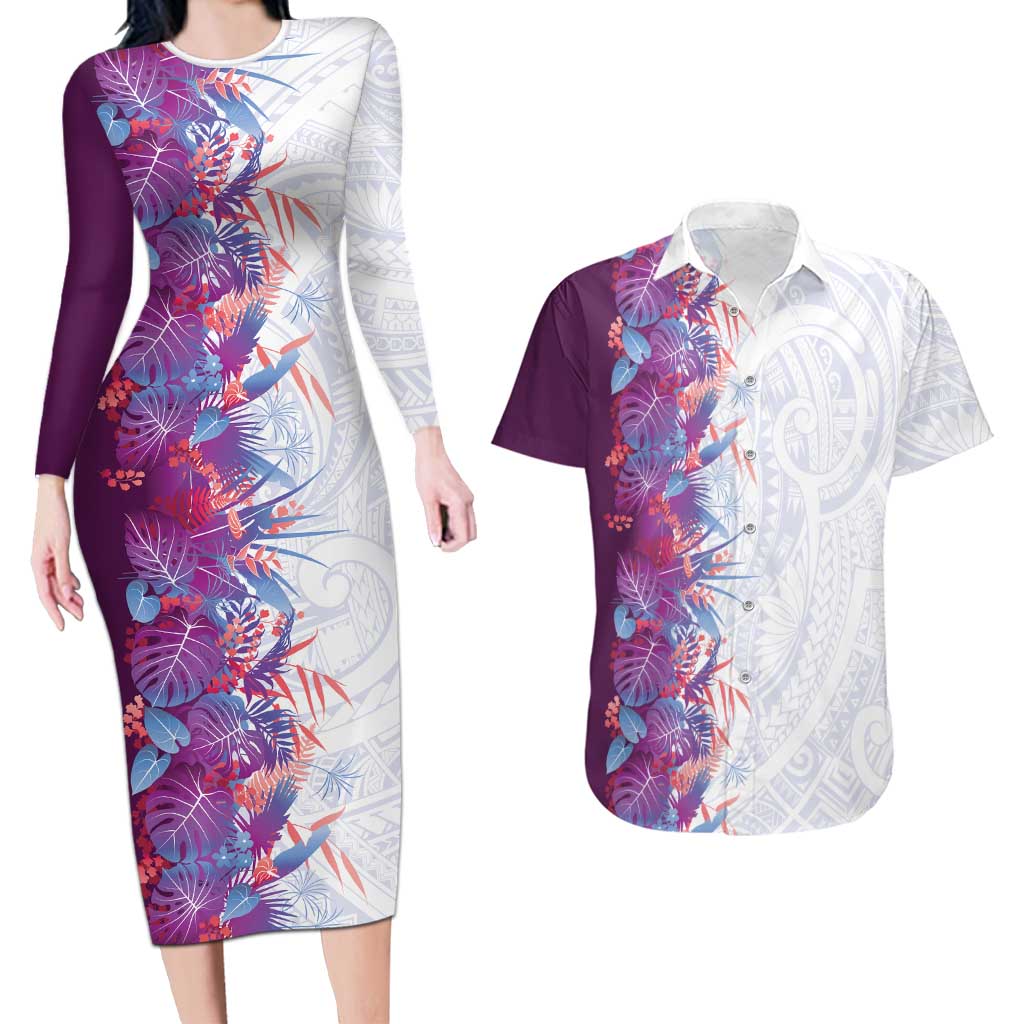 Hawaii Tropical Plant Poni Couples Matching Long Sleeve Bodycon Dress and Hawaiian Shirt Vibrant Polynesian Pattern