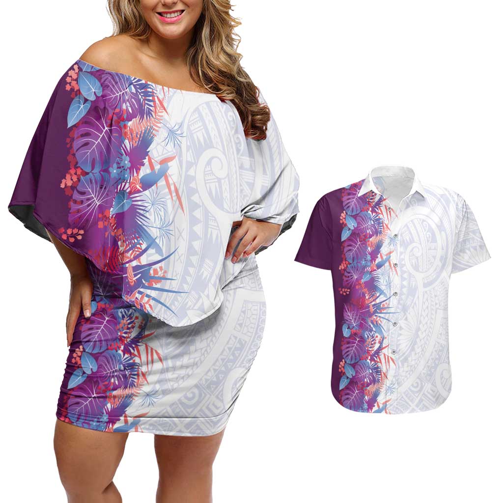 Hawaii Tropical Plant Poni Couples Matching Off Shoulder Short Dress and Hawaiian Shirt Vibrant Polynesian Pattern