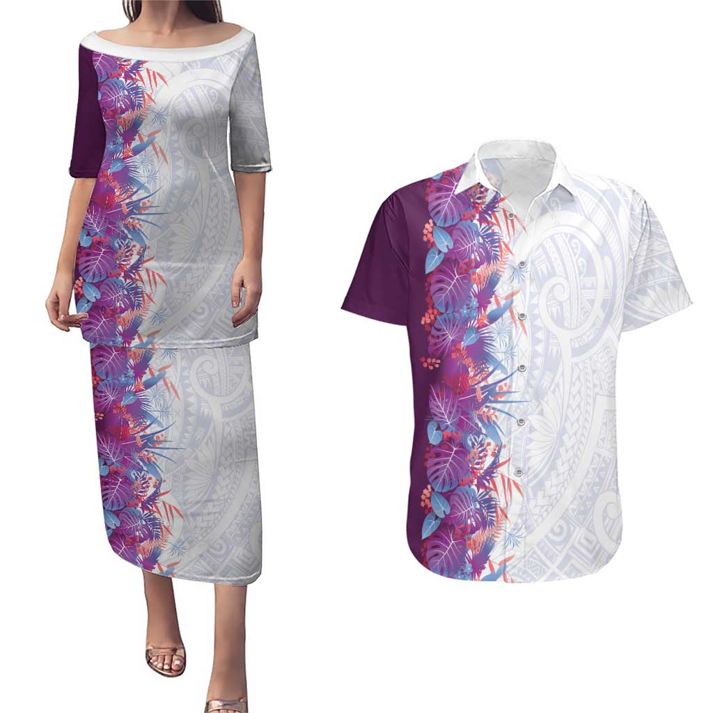 Hawaii Tropical Plant Poni Couples Matching Puletasi and Hawaiian Shirt Vibrant Polynesian Pattern
